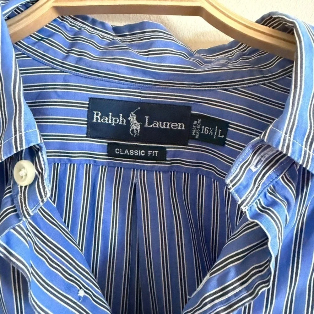 Polo Ralph Lauren Shirt Mens 16.5 L White Blue‎ Stripe Regent Classic Fit Preppy
